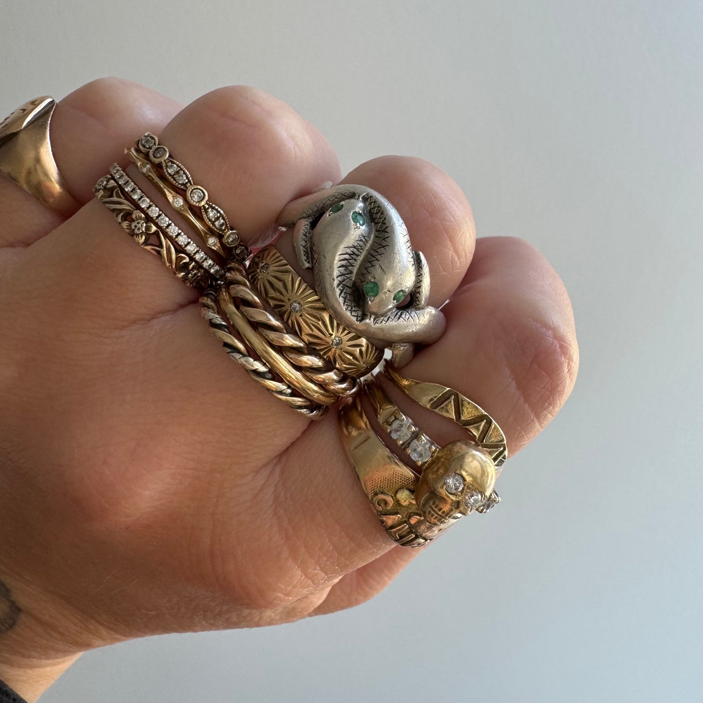 rehabbed V I N T A G E // slithering snakes / sterling silver and emerald double snake band by Uncas / size 9+