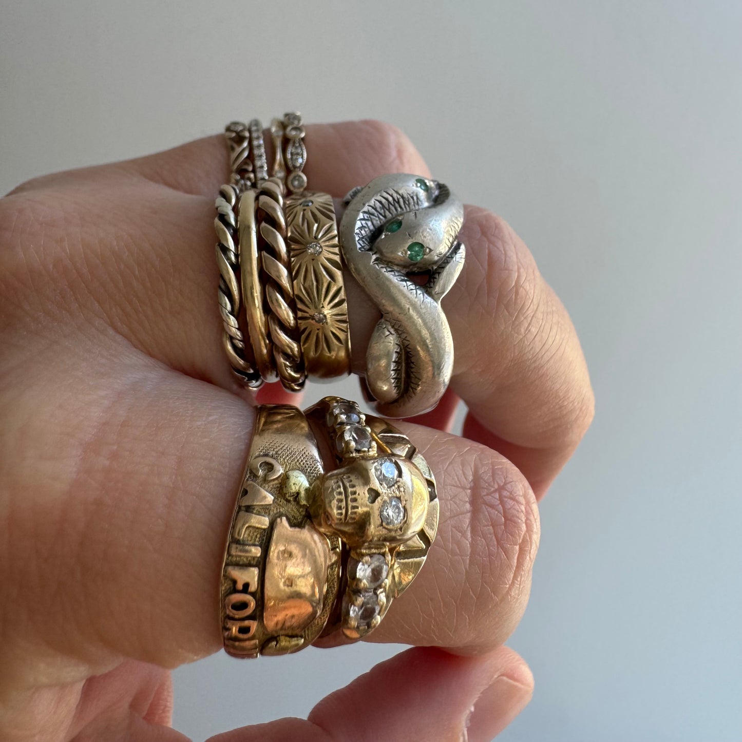 rehabbed V I N T A G E // slithering snakes / sterling silver and emerald double snake band by Uncas / size 9+