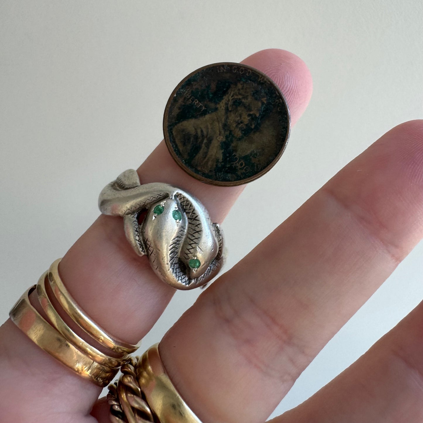 rehabbed V I N T A G E // slithering snakes / sterling silver and emerald double snake band by Uncas / size 9+