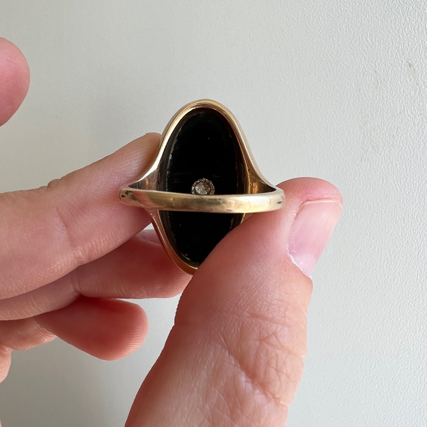 A N T I Q U E // onyx shield / 14k yellow gold with onyx and an old cut diamond / size 6.75-7