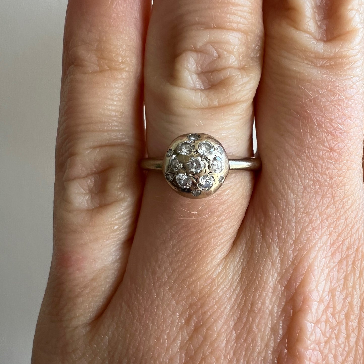 V I N T A G E // atomic disco / 14k white gold dome ball glitter mid century ring / diamond cluster / size 4.5