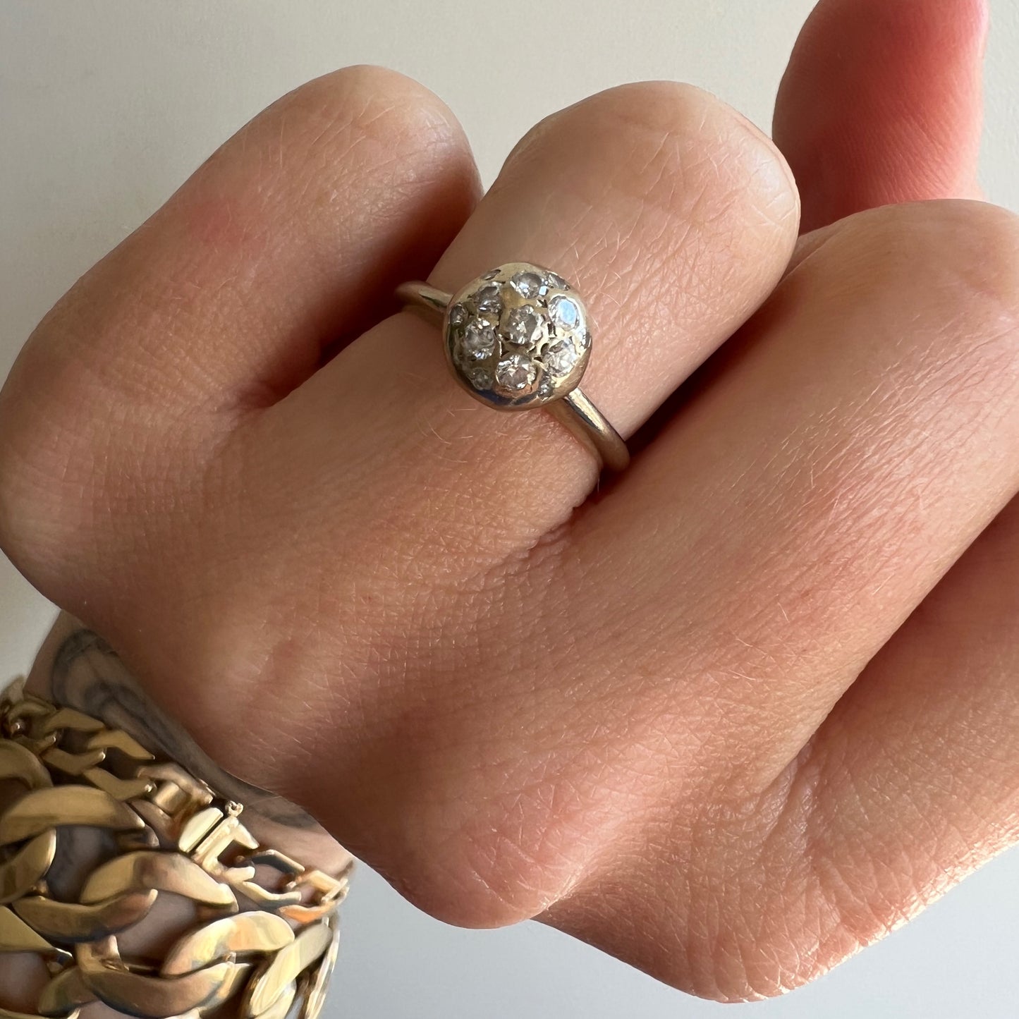 V I N T A G E // atomic disco / 14k white gold dome ball glitter mid century ring / diamond cluster / size 4.5