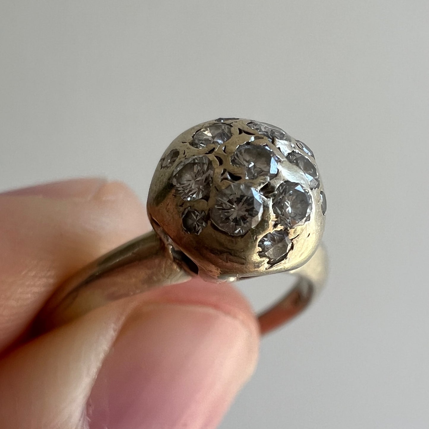 V I N T A G E // atomic disco / 14k white gold dome ball glitter mid century ring / diamond cluster / size 4.5