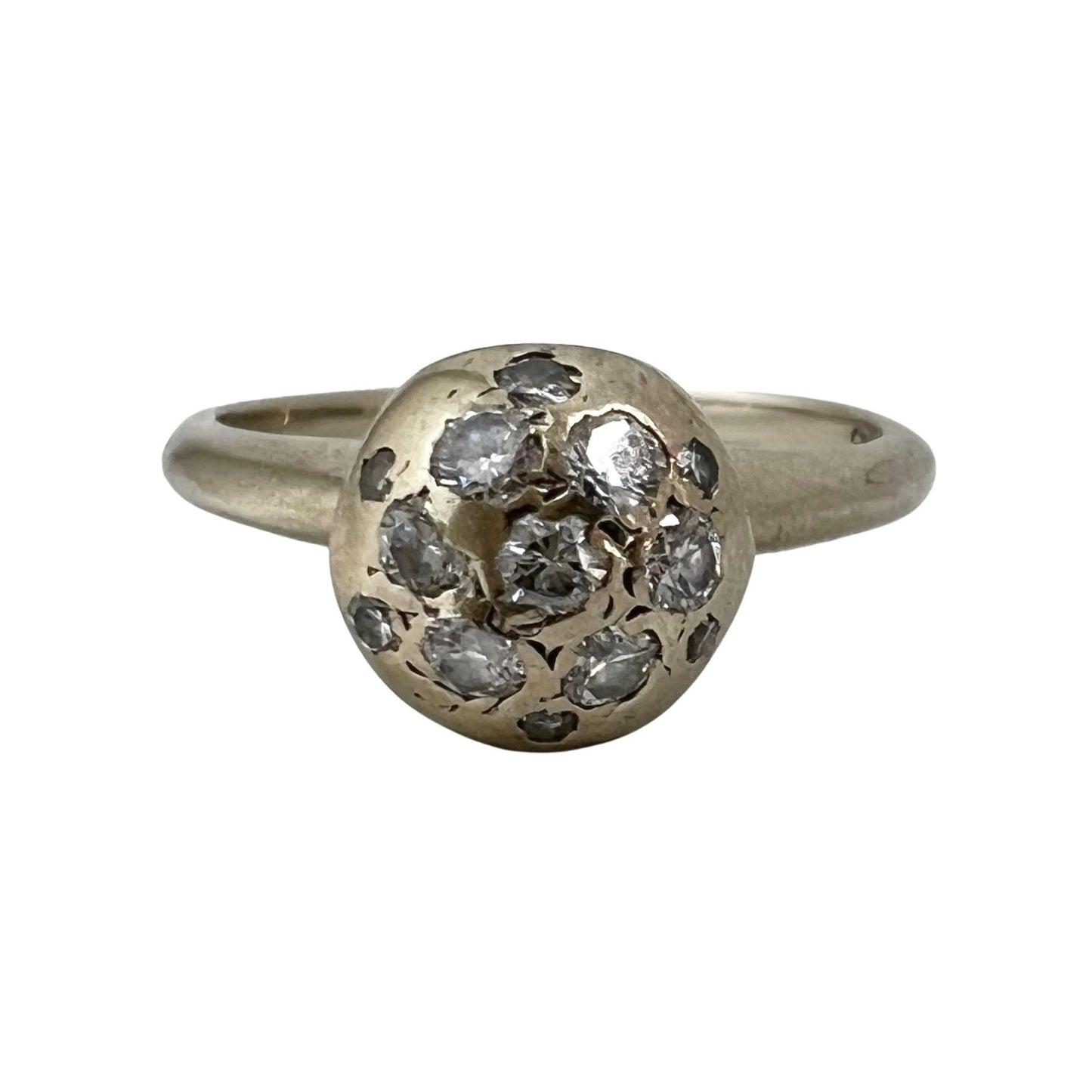 V I N T A G E // atomic disco / 14k white gold dome ball glitter mid century ring / diamond cluster / size 4.5