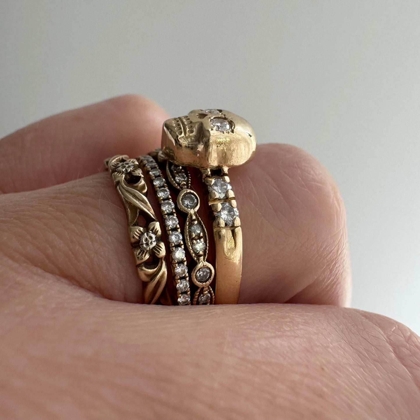 reimagined V I N T A G E // memento mori / 14k and diamond ring skull stacking ring / size 6.25