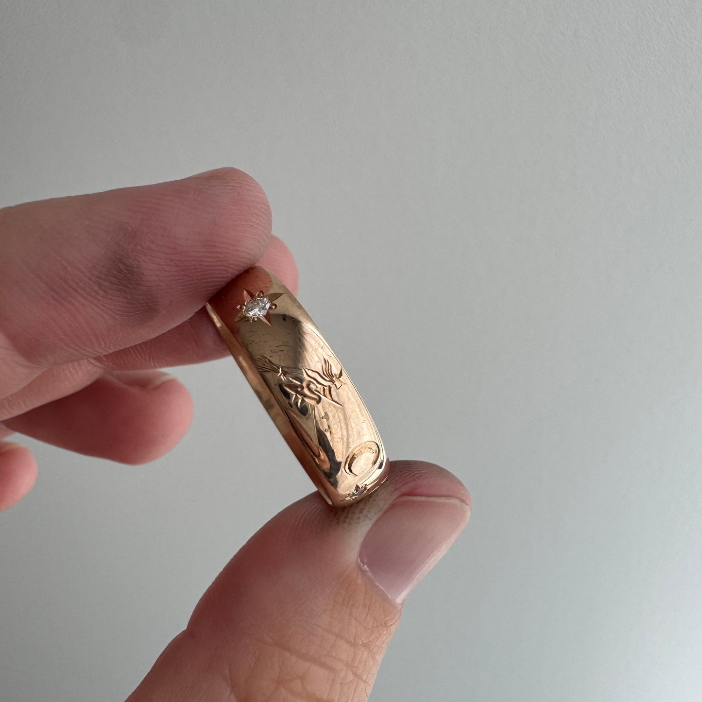 reimagined A N T I Q U E // the best witch / 14k rose gold and diamond starburst almost eternity band with a witch flying on a broom / size 11ish