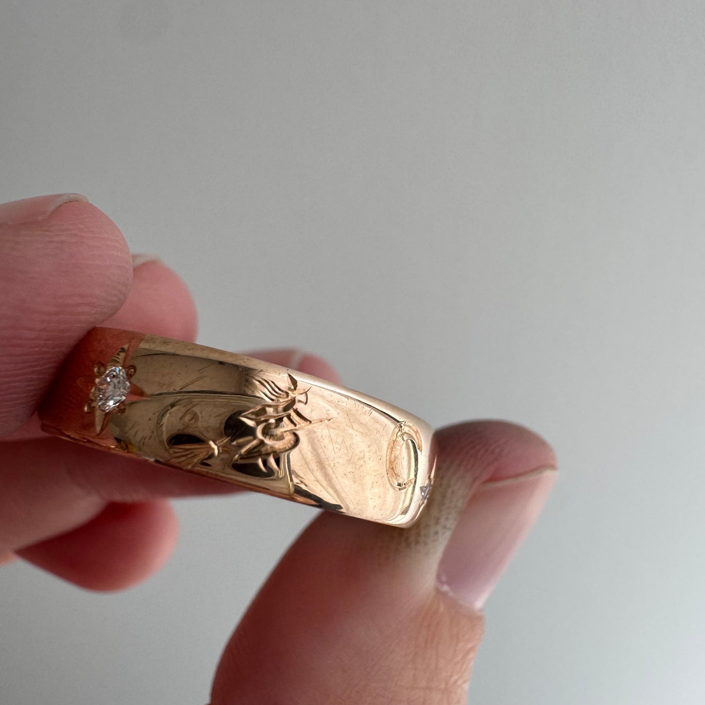 reimagined A N T I Q U E // the best witch / 14k rose gold and diamond starburst almost eternity band with a witch flying on a broom / size 11ish