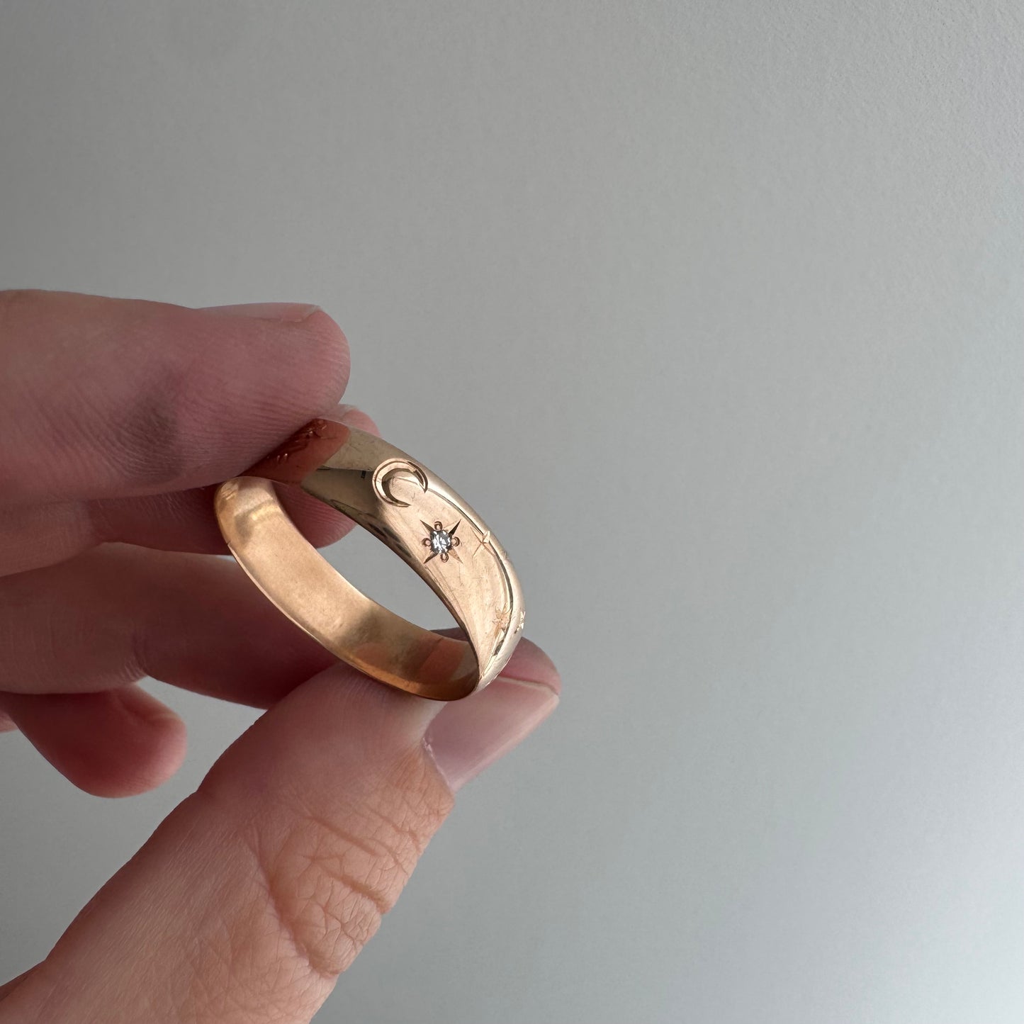 reimagined A N T I Q U E // the best witch / 14k rose gold and diamond starburst almost eternity band with a witch flying on a broom / size 11ish