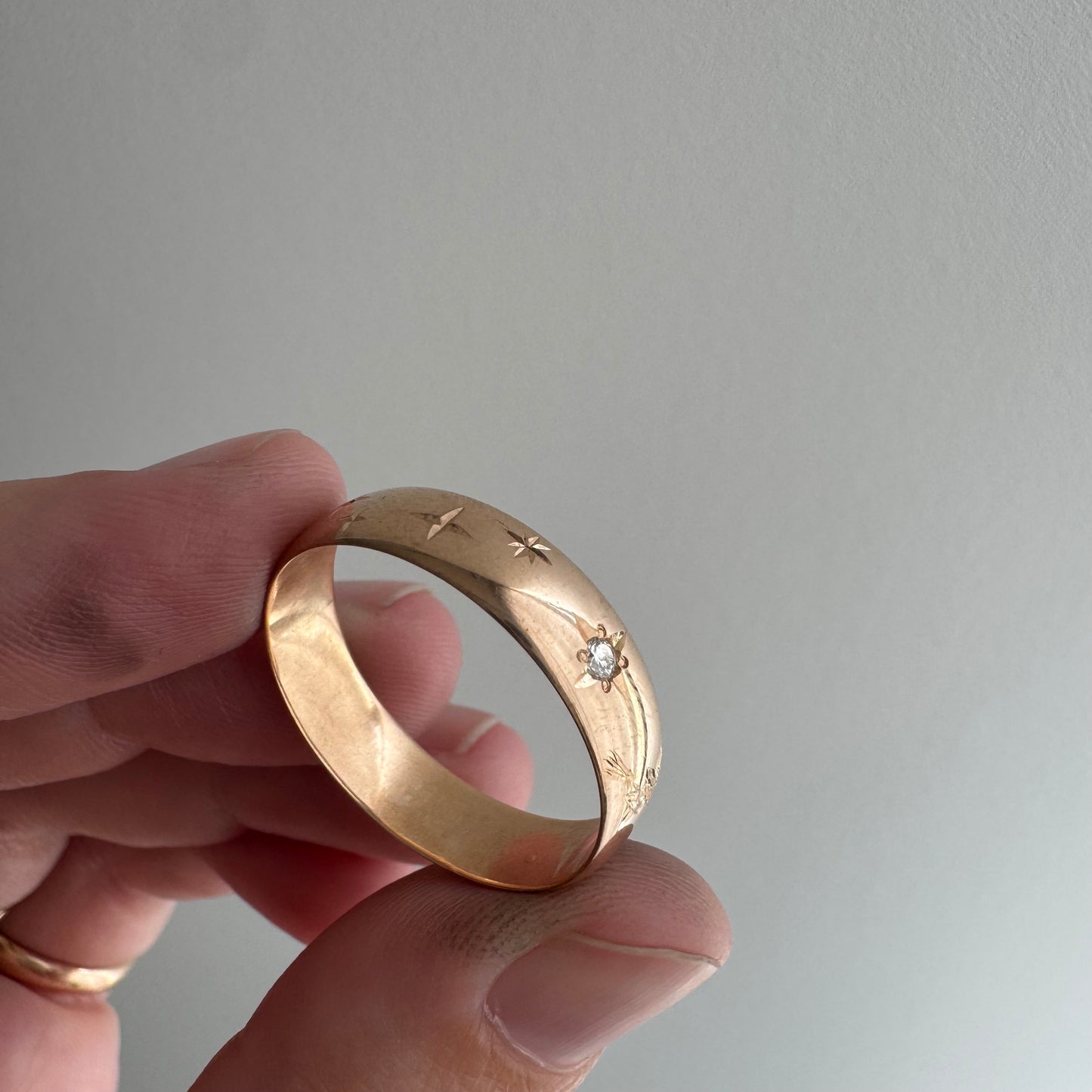 reimagined A N T I Q U E // the best witch / 14k rose gold and diamond starburst almost eternity band with a witch flying on a broom / size 11ish