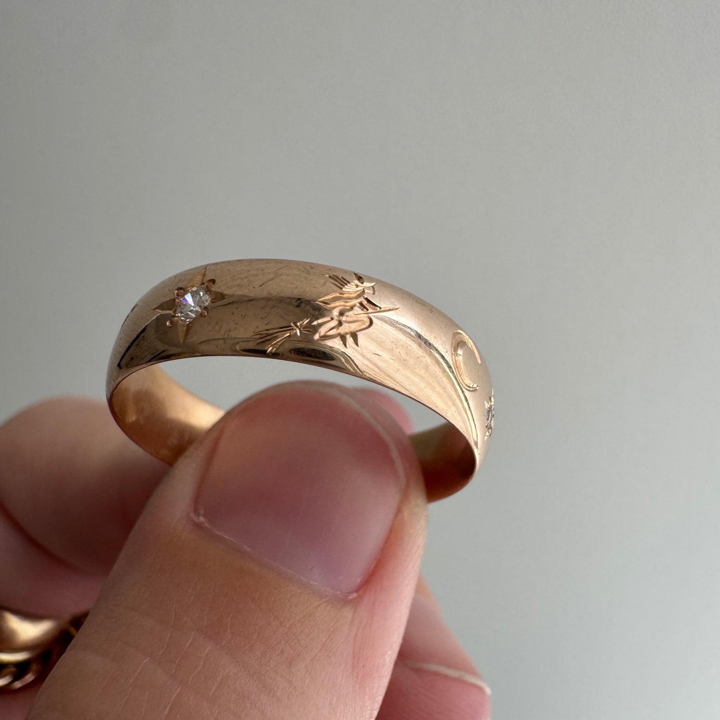 reimagined A N T I Q U E // the best witch / 14k rose gold and diamond starburst almost eternity band with a witch flying on a broom / size 11ish