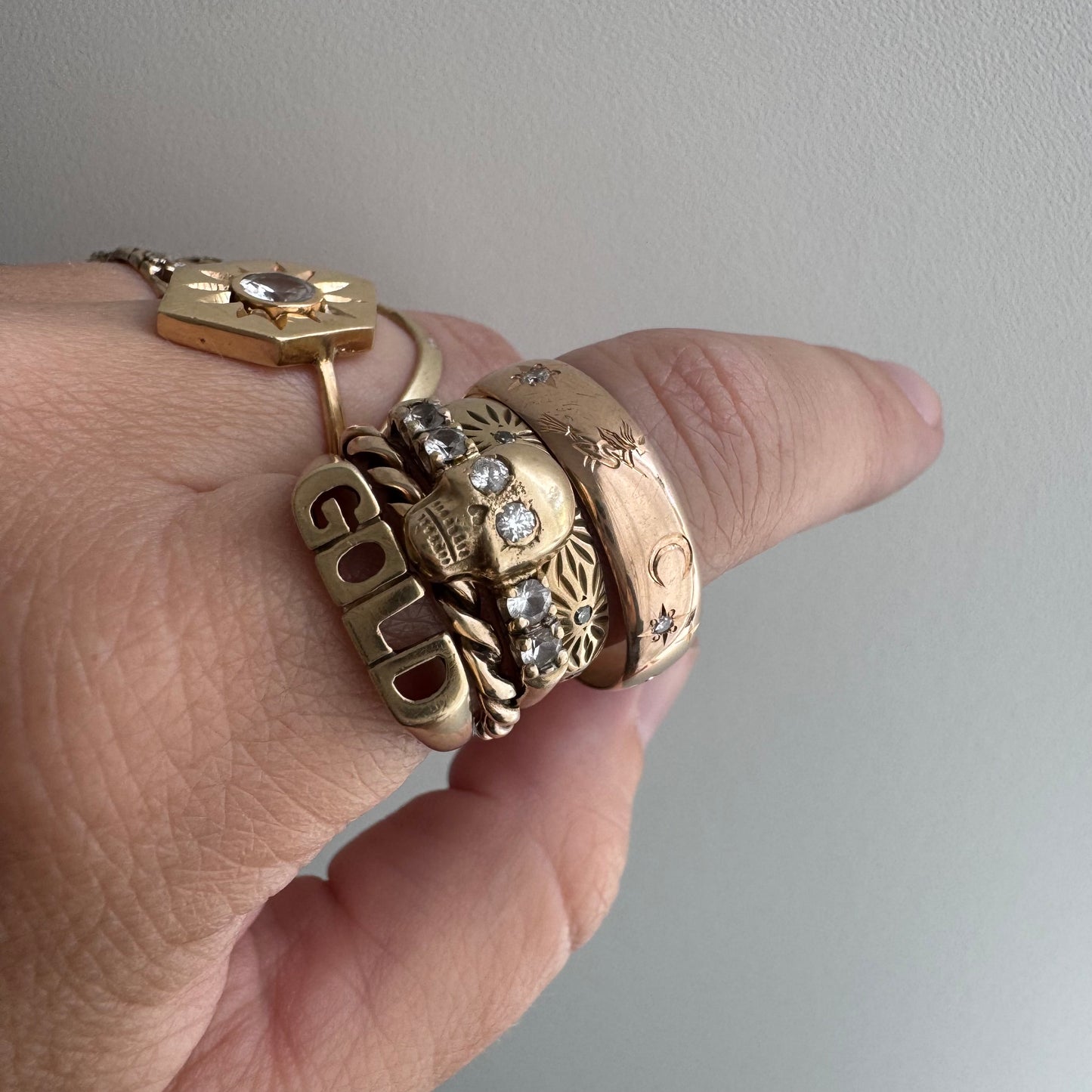 reimagined A N T I Q U E // the best witch / 14k rose gold and diamond starburst almost eternity band with a witch flying on a broom / size 11ish