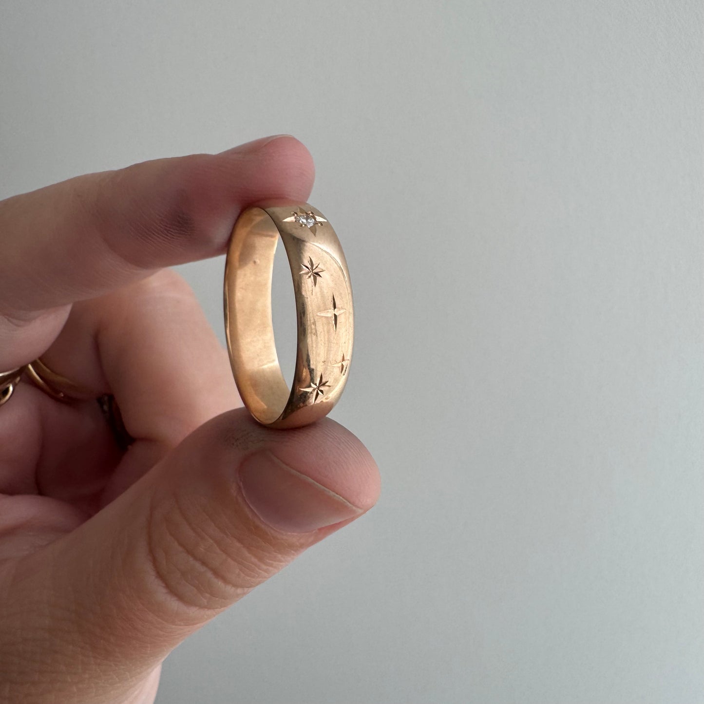 reimagined A N T I Q U E // the best witch / 14k rose gold and diamond starburst almost eternity band with a witch flying on a broom / size 11ish