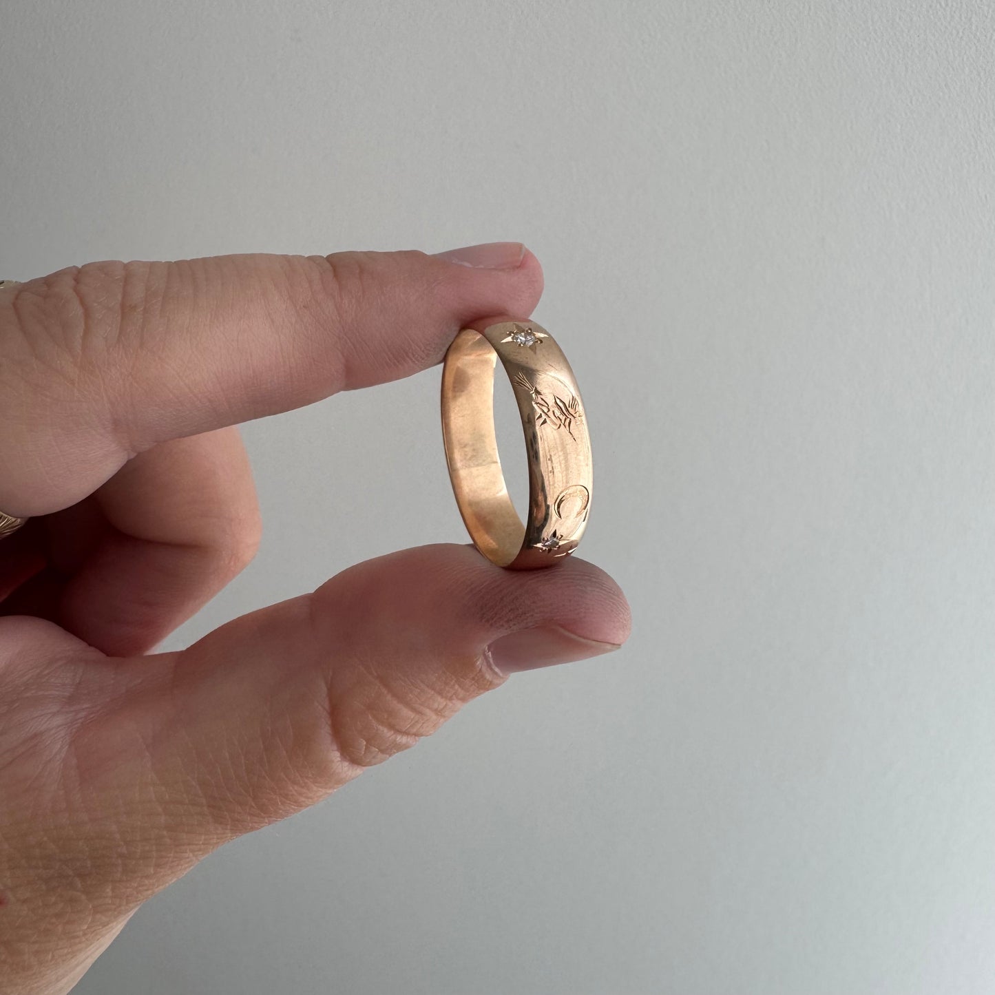 reimagined A N T I Q U E // the best witch / 14k rose gold and diamond starburst almost eternity band with a witch flying on a broom / size 11ish