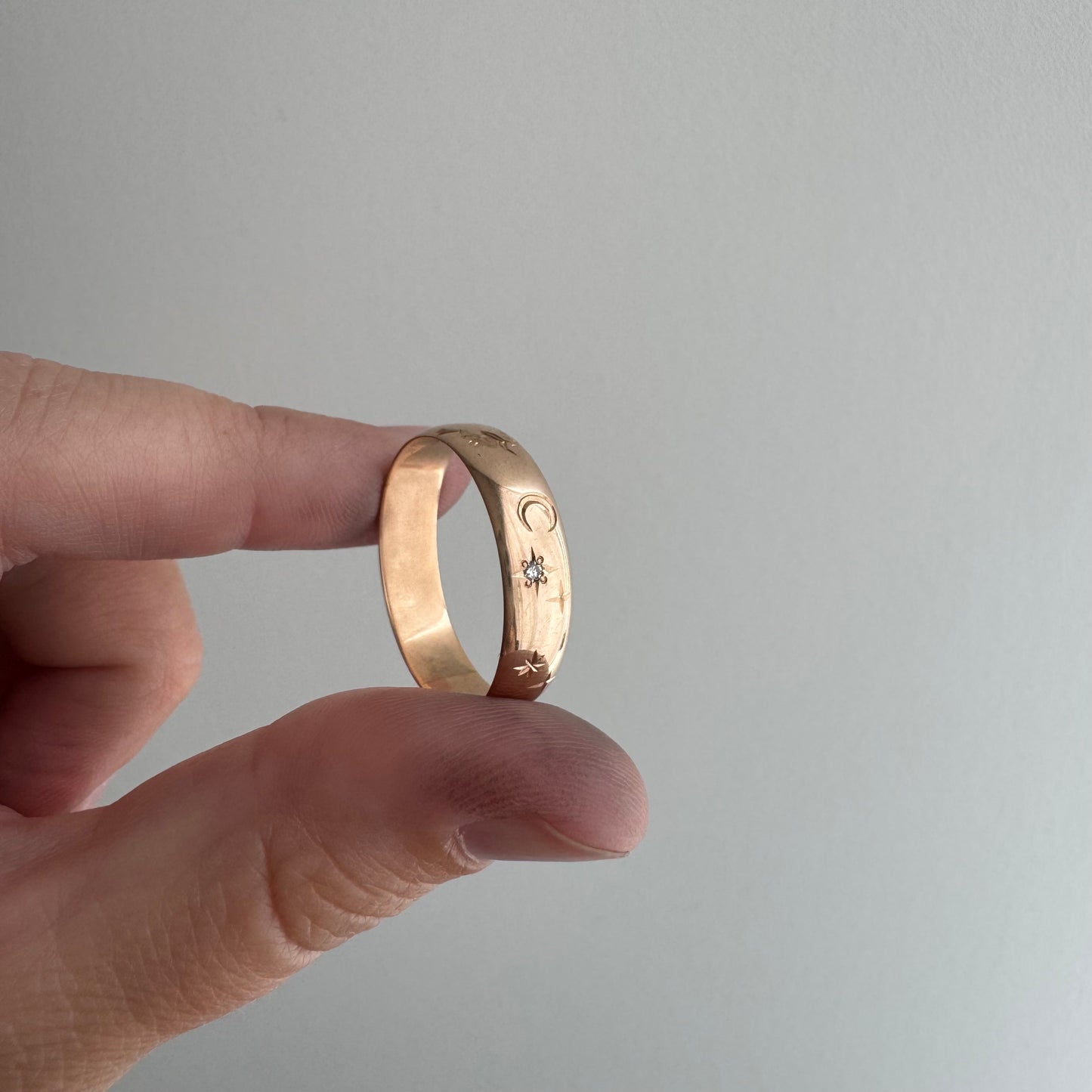 reimagined A N T I Q U E // the best witch / 14k rose gold and diamond starburst almost eternity band with a witch flying on a broom / size 11ish