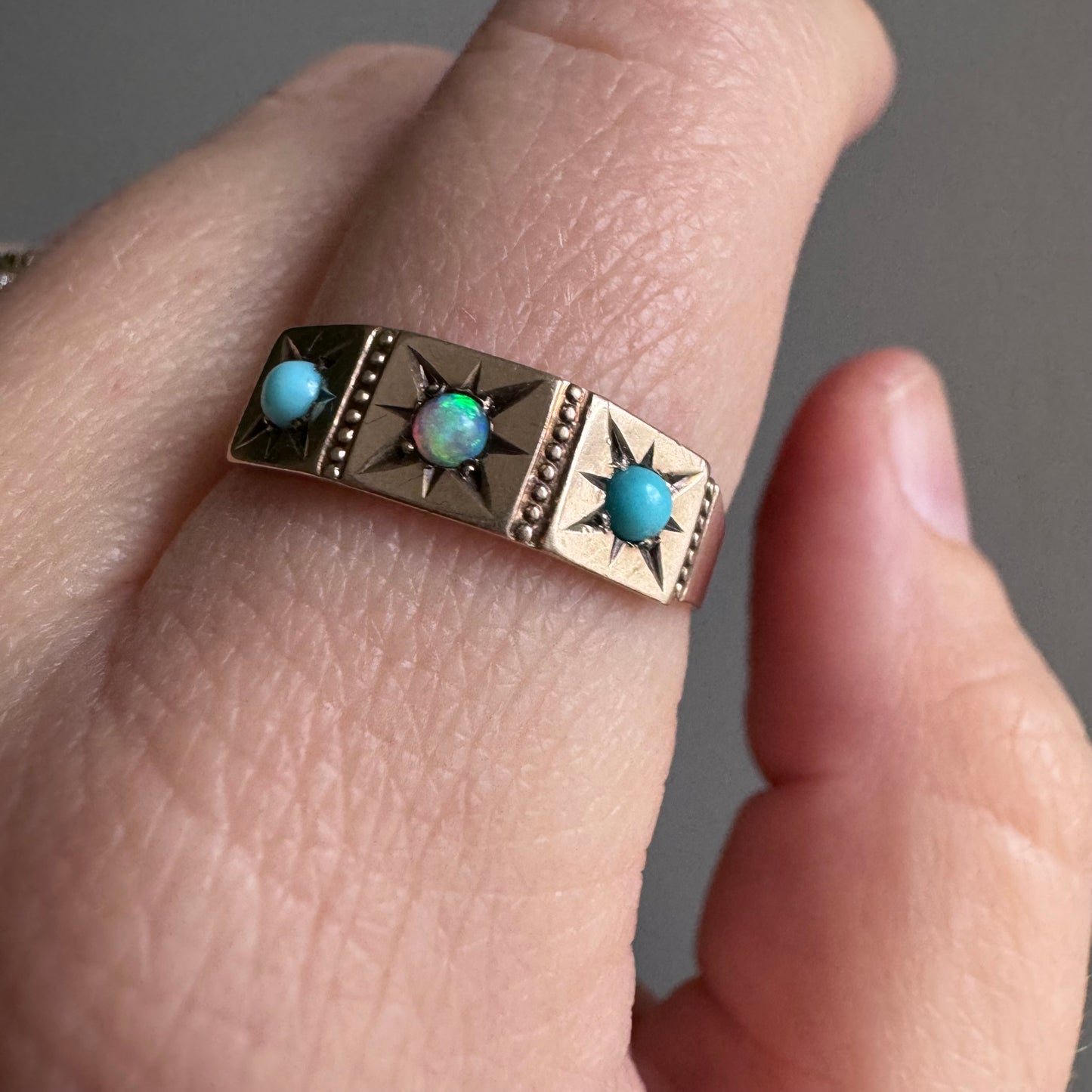 reimagined A N T I Q U E // 10k rosy yellow gold starburst trilogy band with opal and turquoise / size 7.75