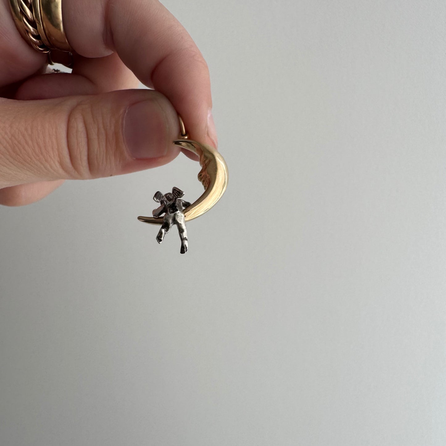 V I N T A G E // celestial perspectives / 14k and sterling silver crescent moon face and angel / a pendant