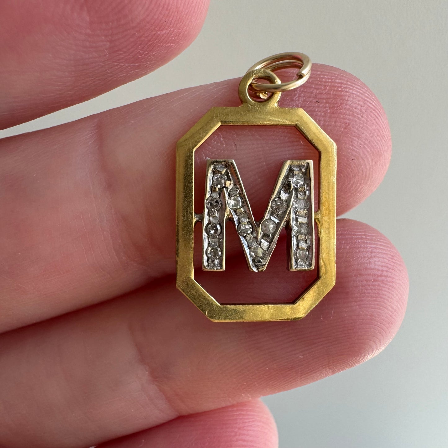 V I N T A G E // magnificent M / 18k and diamond M initial / a charm or pendant