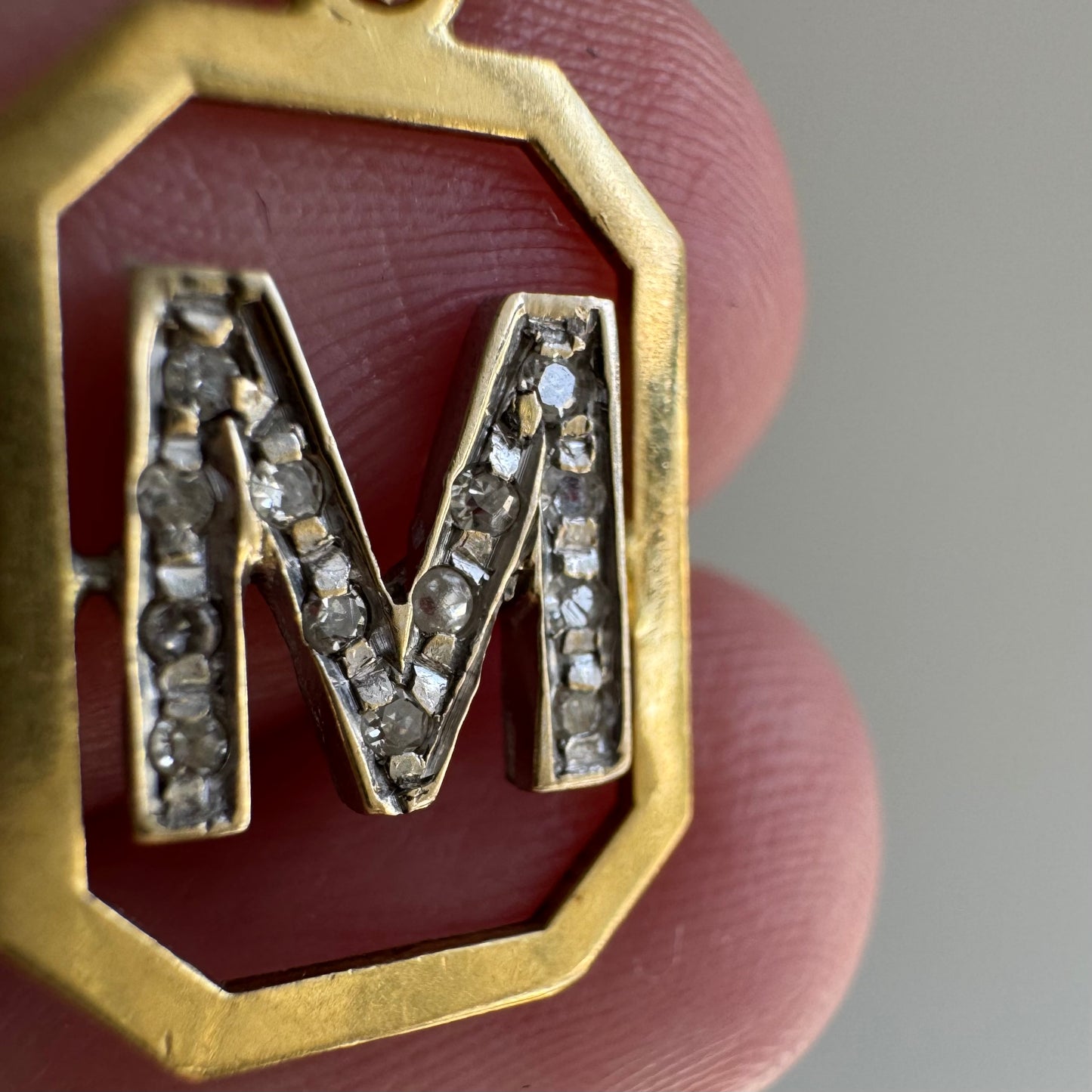 V I N T A G E // magnificent M / 18k and diamond M initial / a charm or pendant