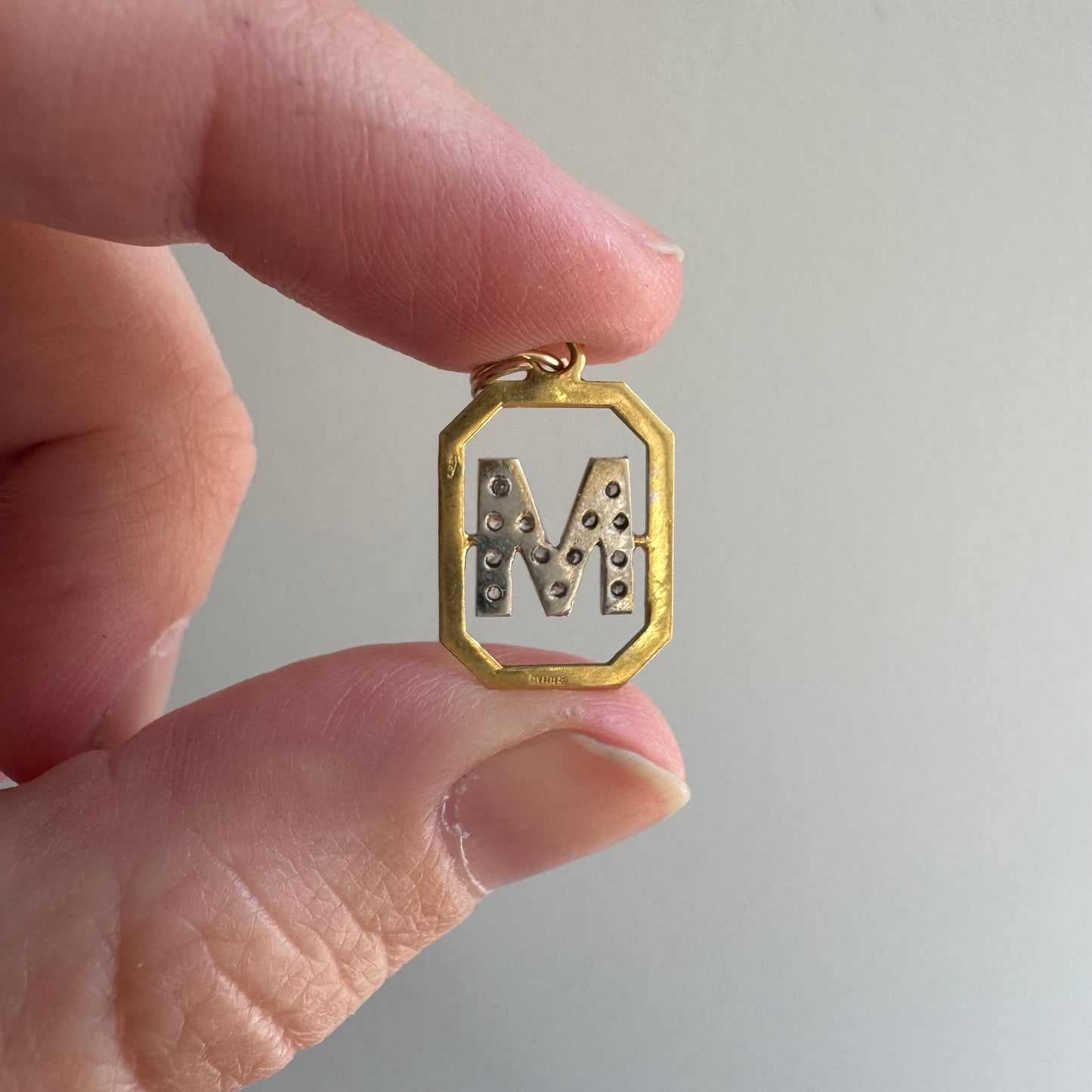 V I N T A G E // magnificent M / 18k and diamond M initial / a charm or pendant