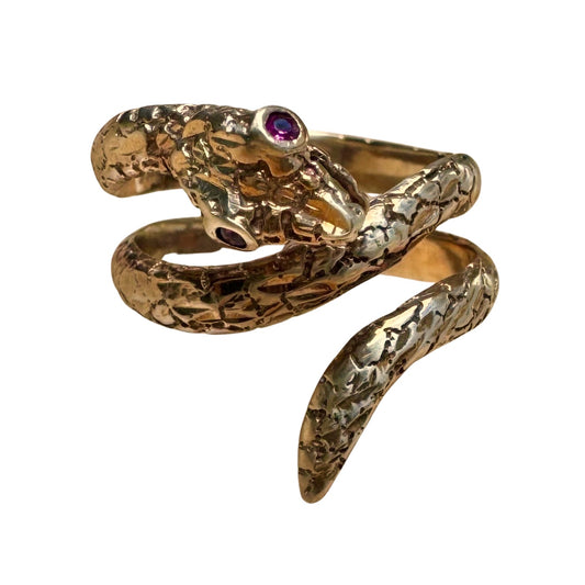 V I N T A G E // cheeky serpent / 10k and ruby wrap around snake ring / size 5-ish