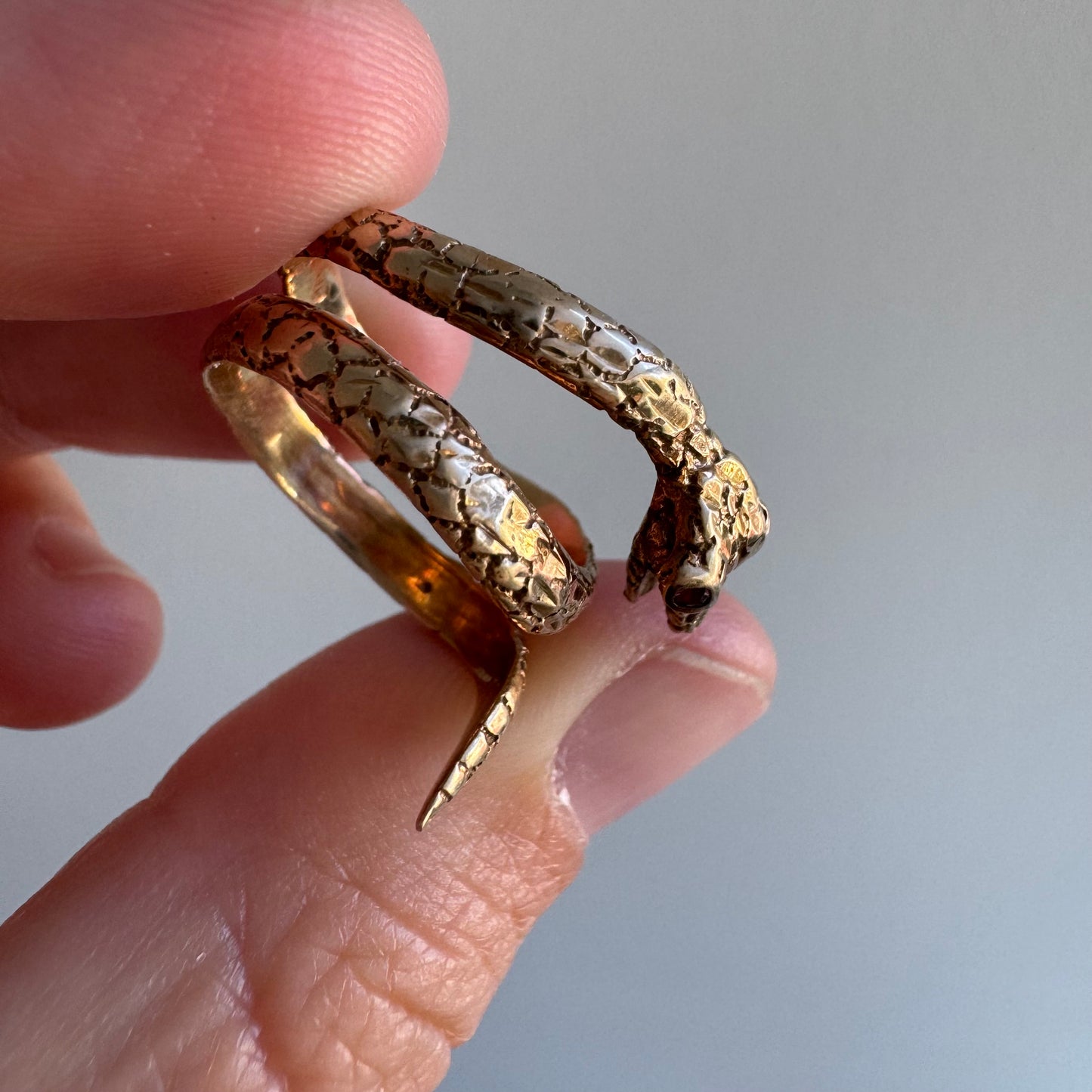 V I N T A G E // cheeky serpent / 10k and ruby wrap around snake ring / size 5-ish