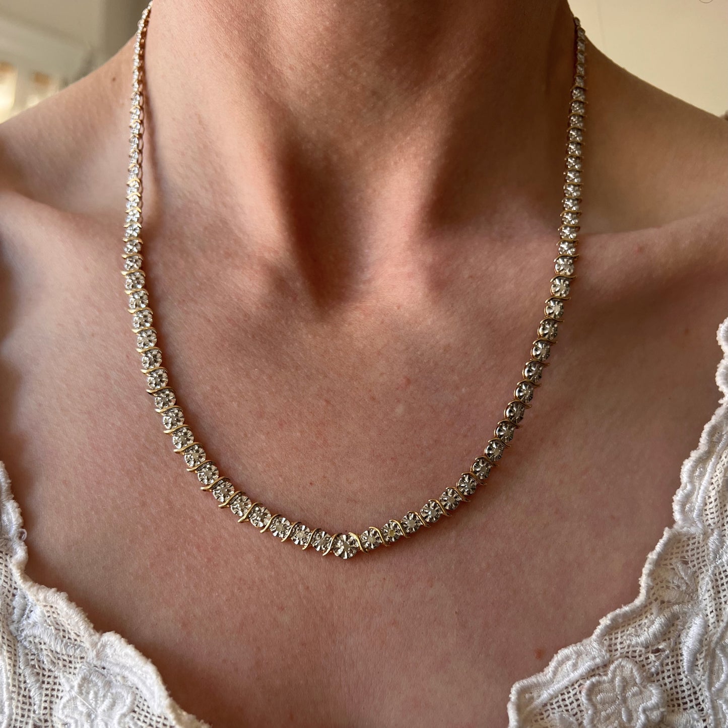 P R E - L O V E D // daisy book chain / 10k yellow and white gold diamond tennis necklace / 19.5", 15g