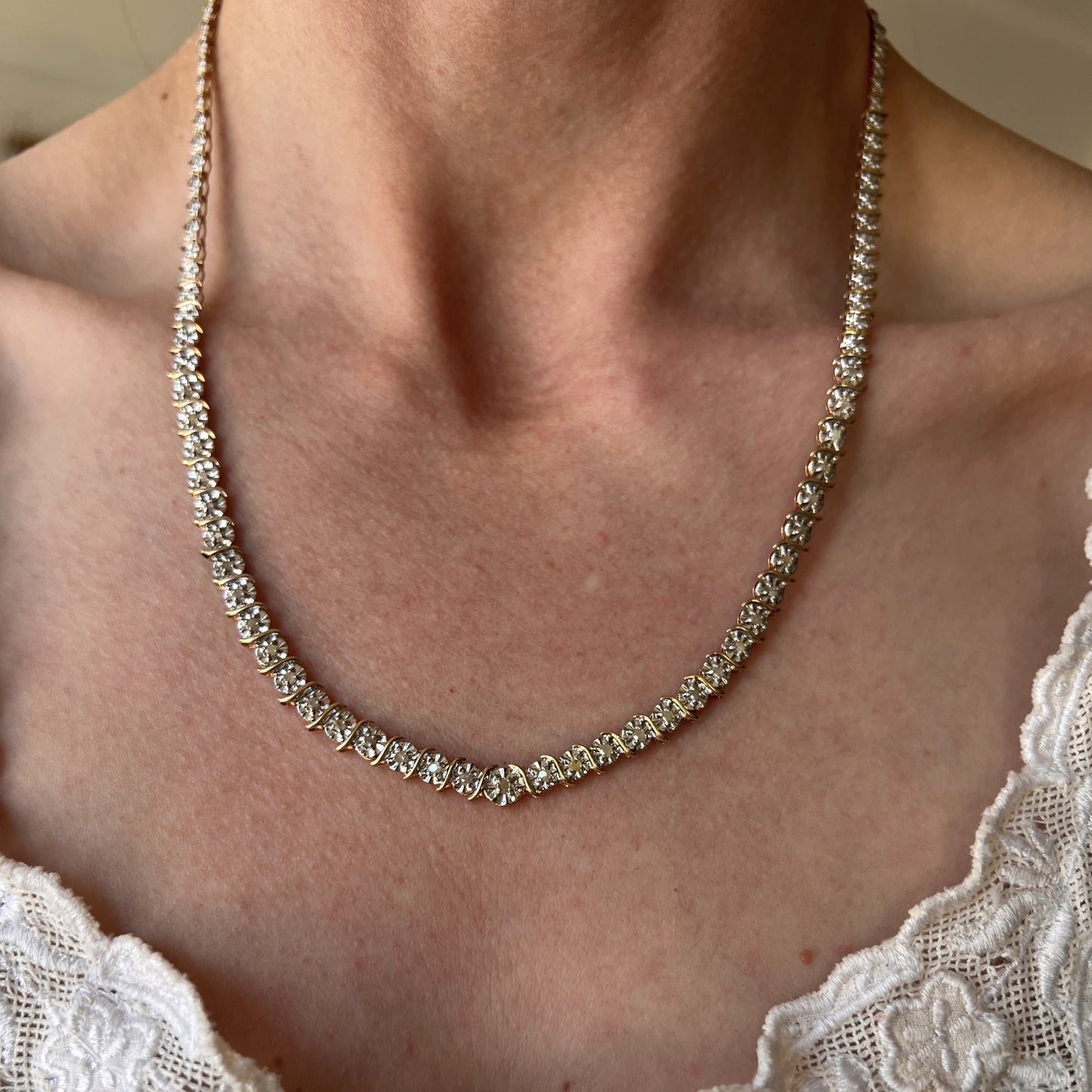 P R E - L O V E D // daisy book chain / 10k yellow and white gold diamond tennis necklace / 19.5", 15g