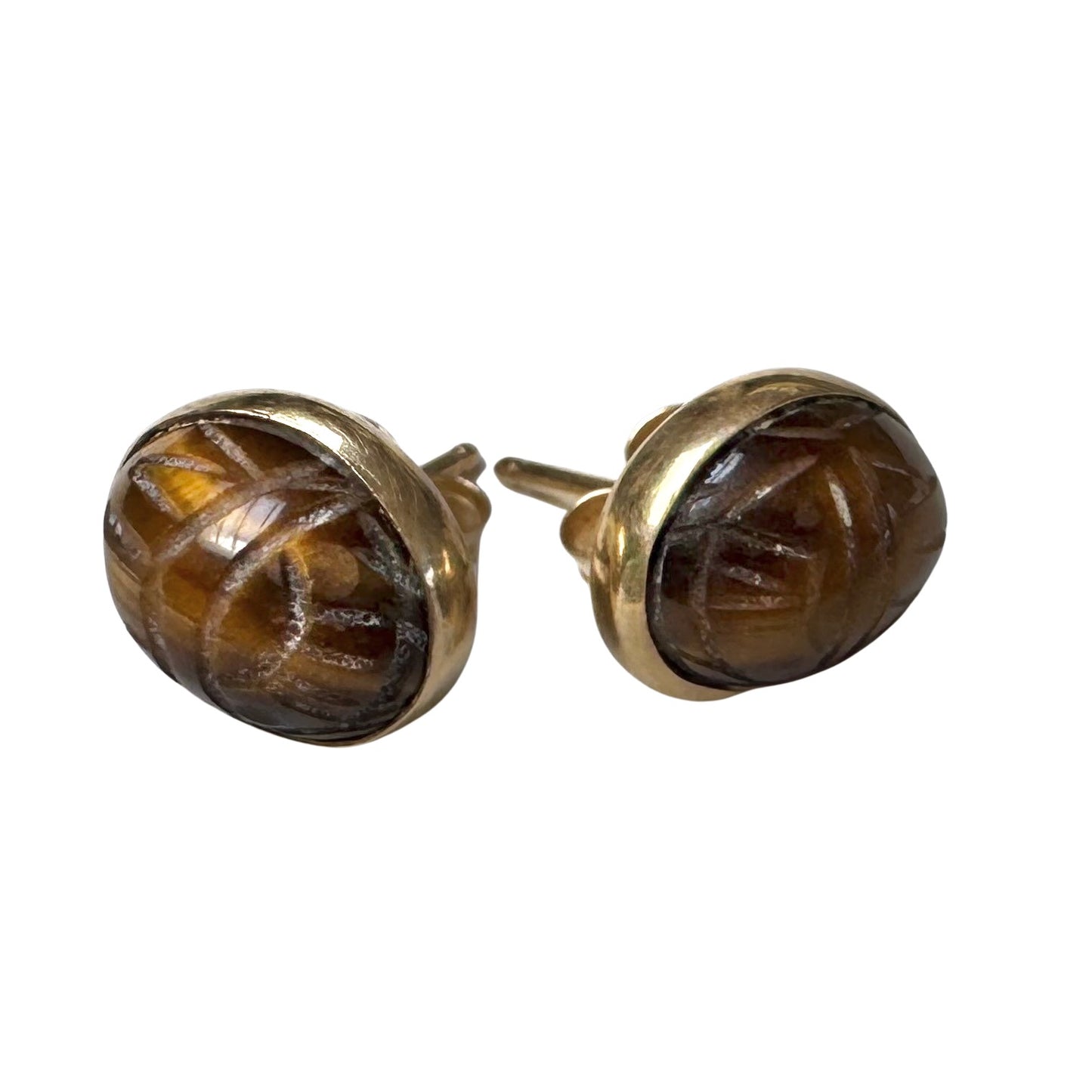 V I N T A G E// 1950s ode to ancient Egypt / 14k and carved tigers eye scarabs / post earrings