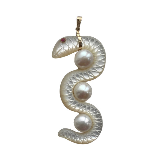 V I N T A G E // iridescent slither / 14k carved shell and pearl snake / a pendant