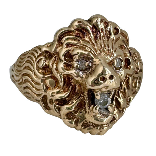 V I N T A G E // nouveau roar / 10k and diamond nouveau style lion ring / size 12