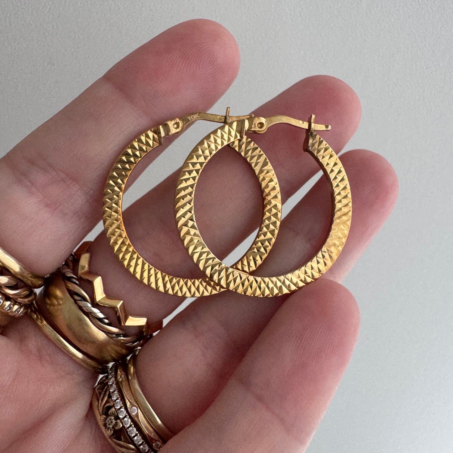 E S T A T E // snake skin circles / 10k flat wide etched round hoops / earrings