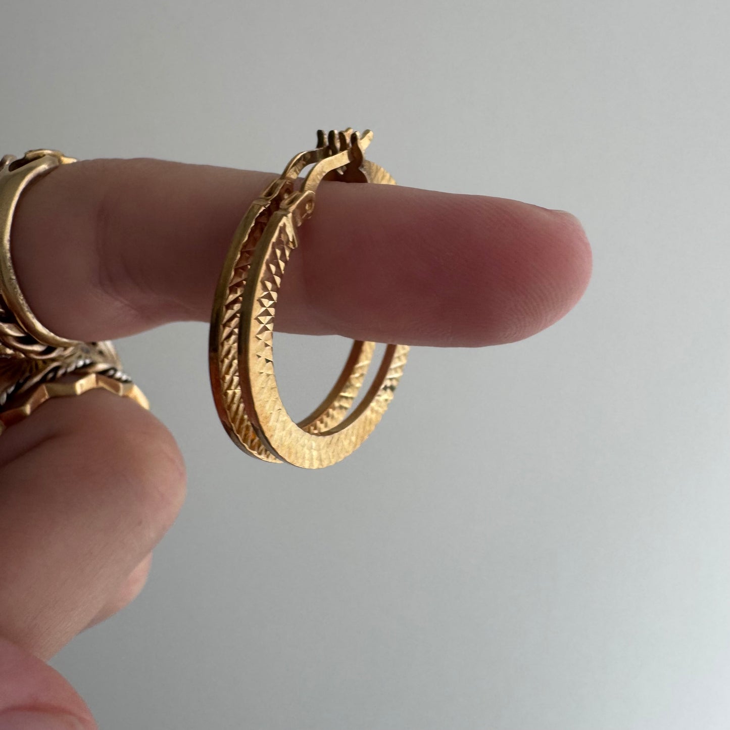 E S T A T E // snake skin circles / 10k flat wide etched round hoops / earrings