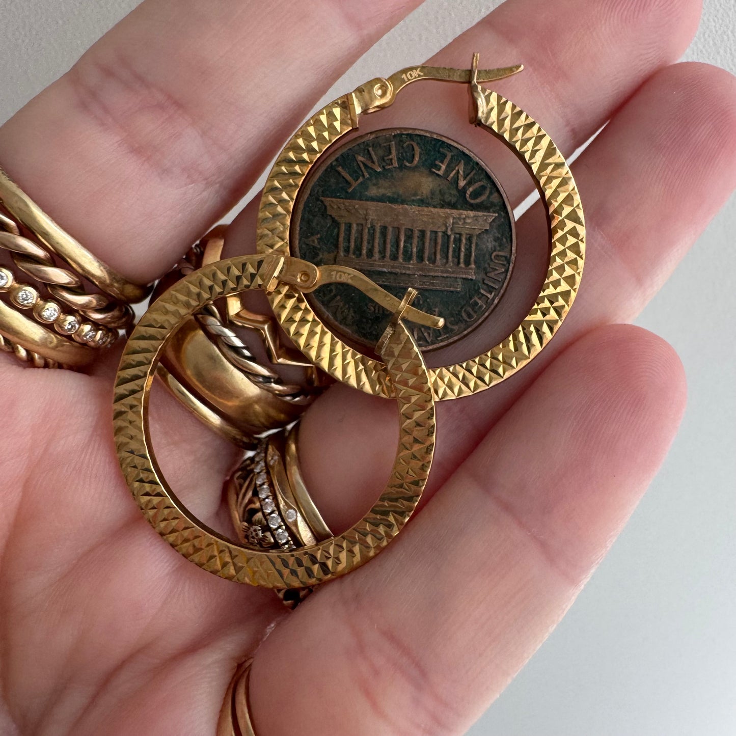 E S T A T E // snake skin circles / 10k flat wide etched round hoops / earrings