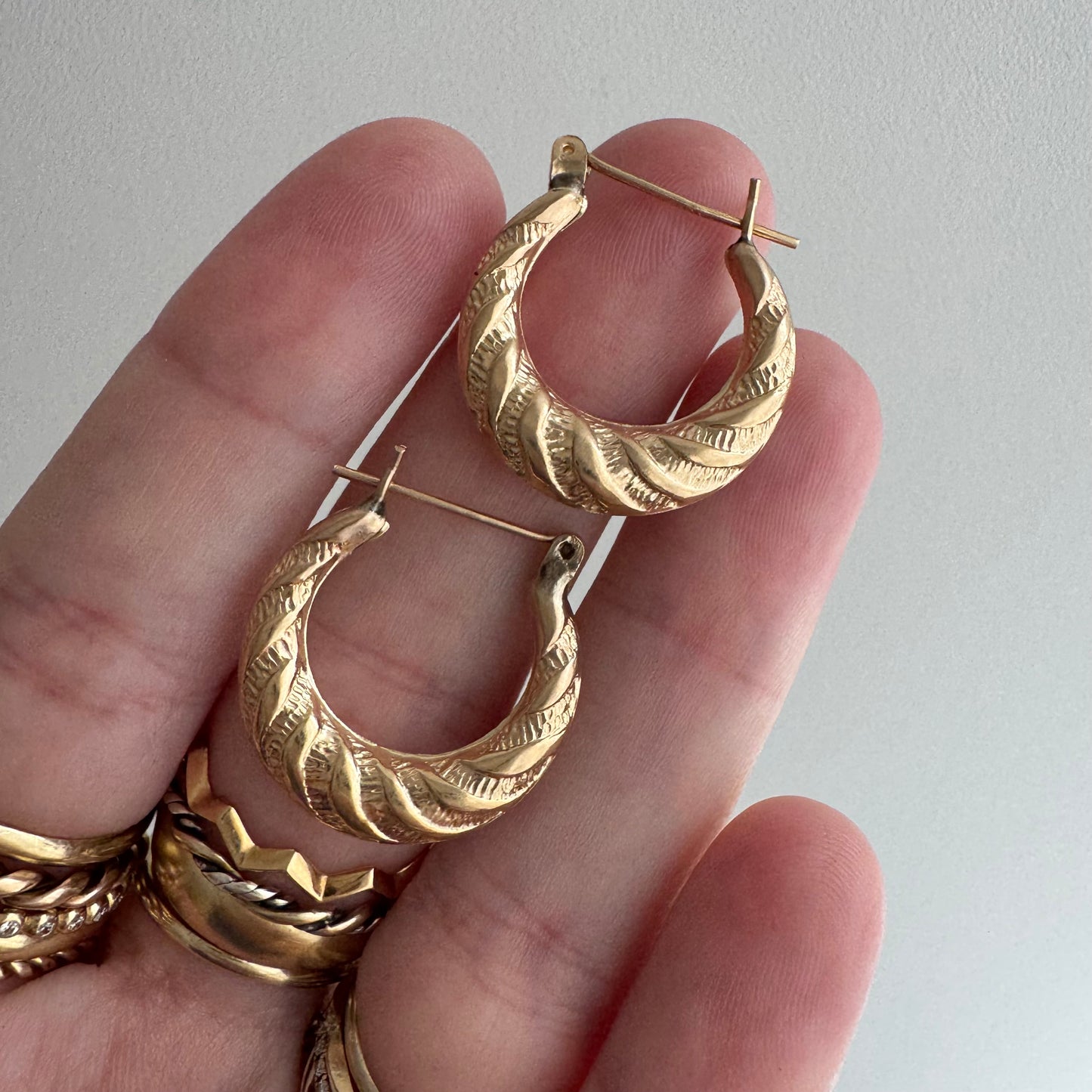 E S T A T E // shrimpy croissants / 14k ribbed twisty shrimp croissant hoops / earrings