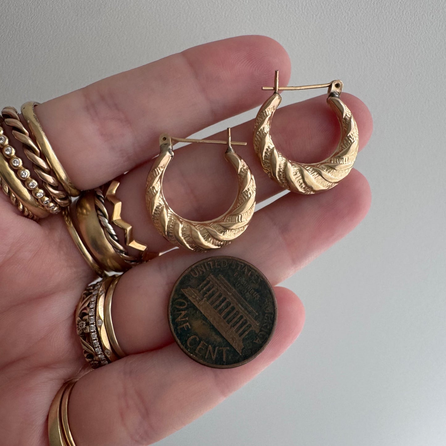 E S T A T E // shrimpy croissants / 14k ribbed twisty shrimp croissant hoops / earrings