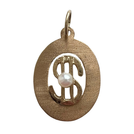 V I N T A G E // money talisman / 14k mid century style dollar sign with pearl / a pendant charm