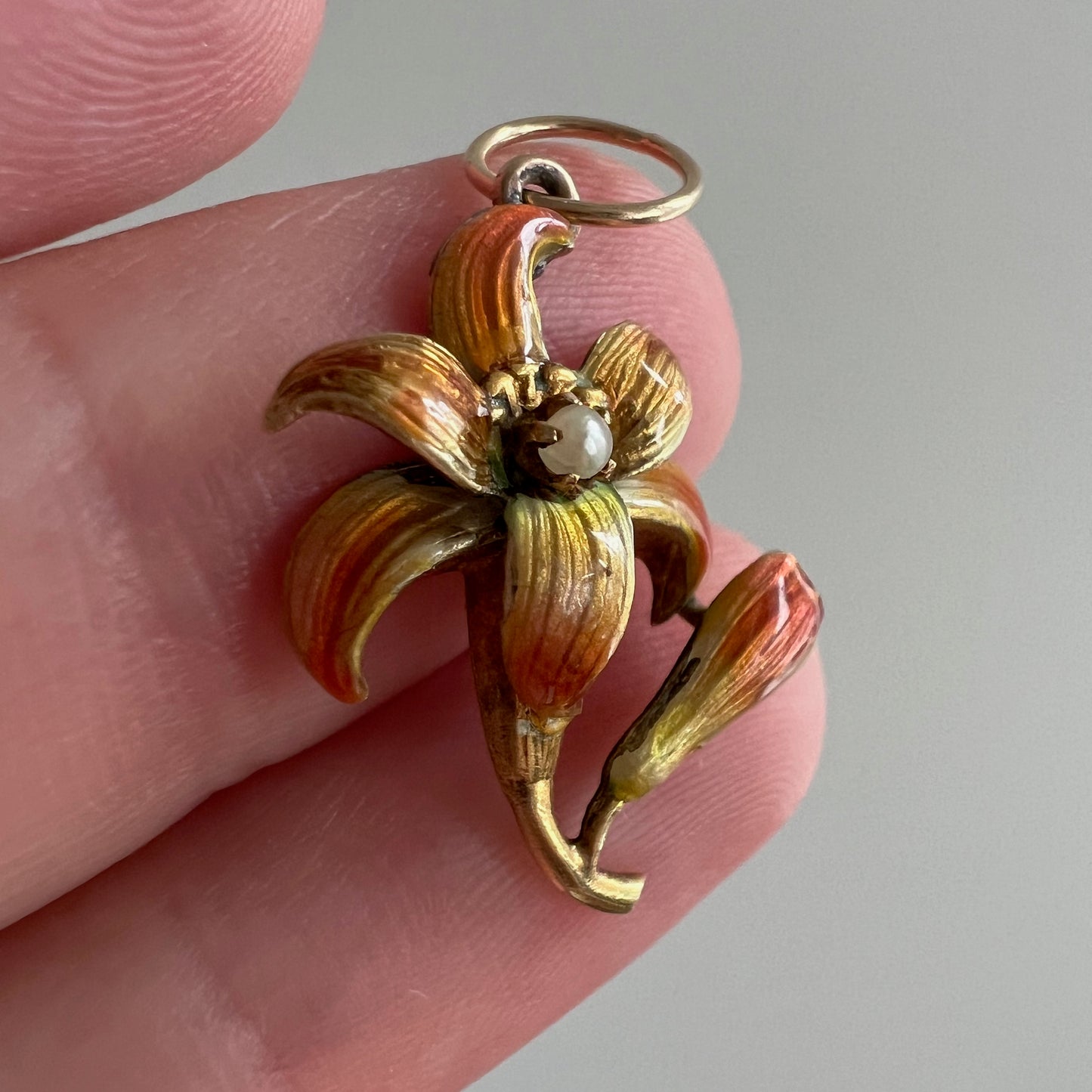 reimagined V I N T A G E // orange lily / solid 14k yellow gold and enamel orange flower with pearl / stick pin conversion pendant