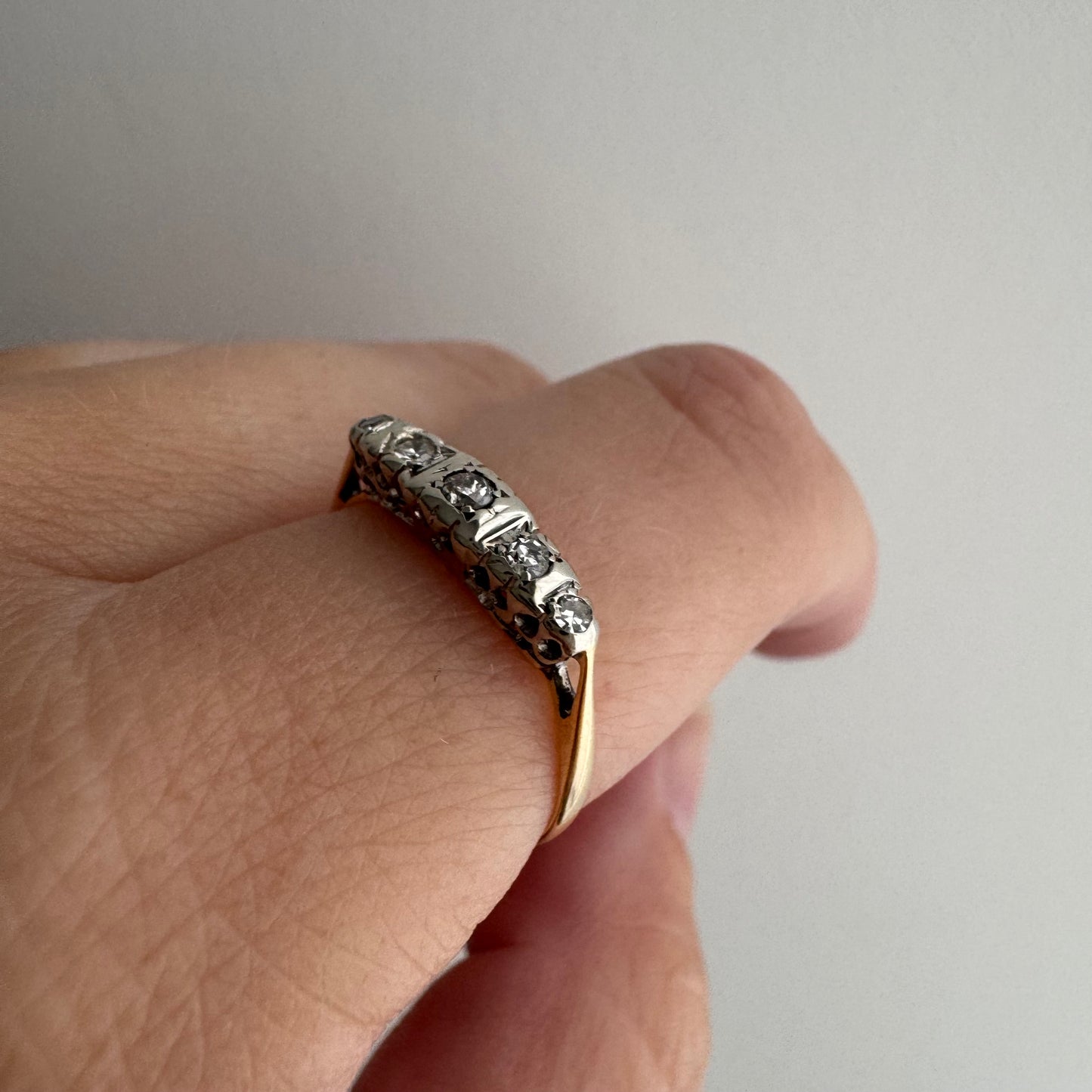 A N T I Q U E // 1920s does 1910s / Edwardian style 18k and diamond five stone boat ring / size 6.25