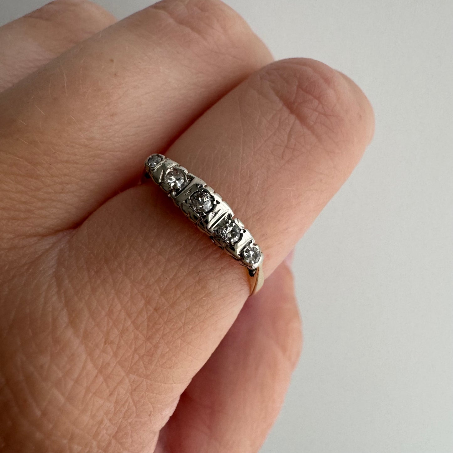 A N T I Q U E // 1920s does 1910s / Edwardian style 18k and diamond five stone boat ring / size 6.25