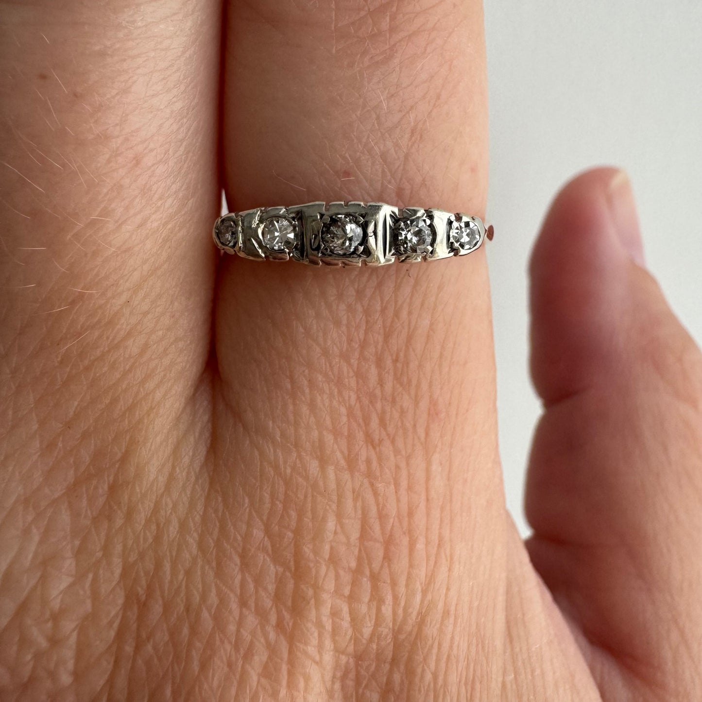 A N T I Q U E // 1920s does 1910s / Edwardian style 18k and diamond five stone boat ring / size 6.25