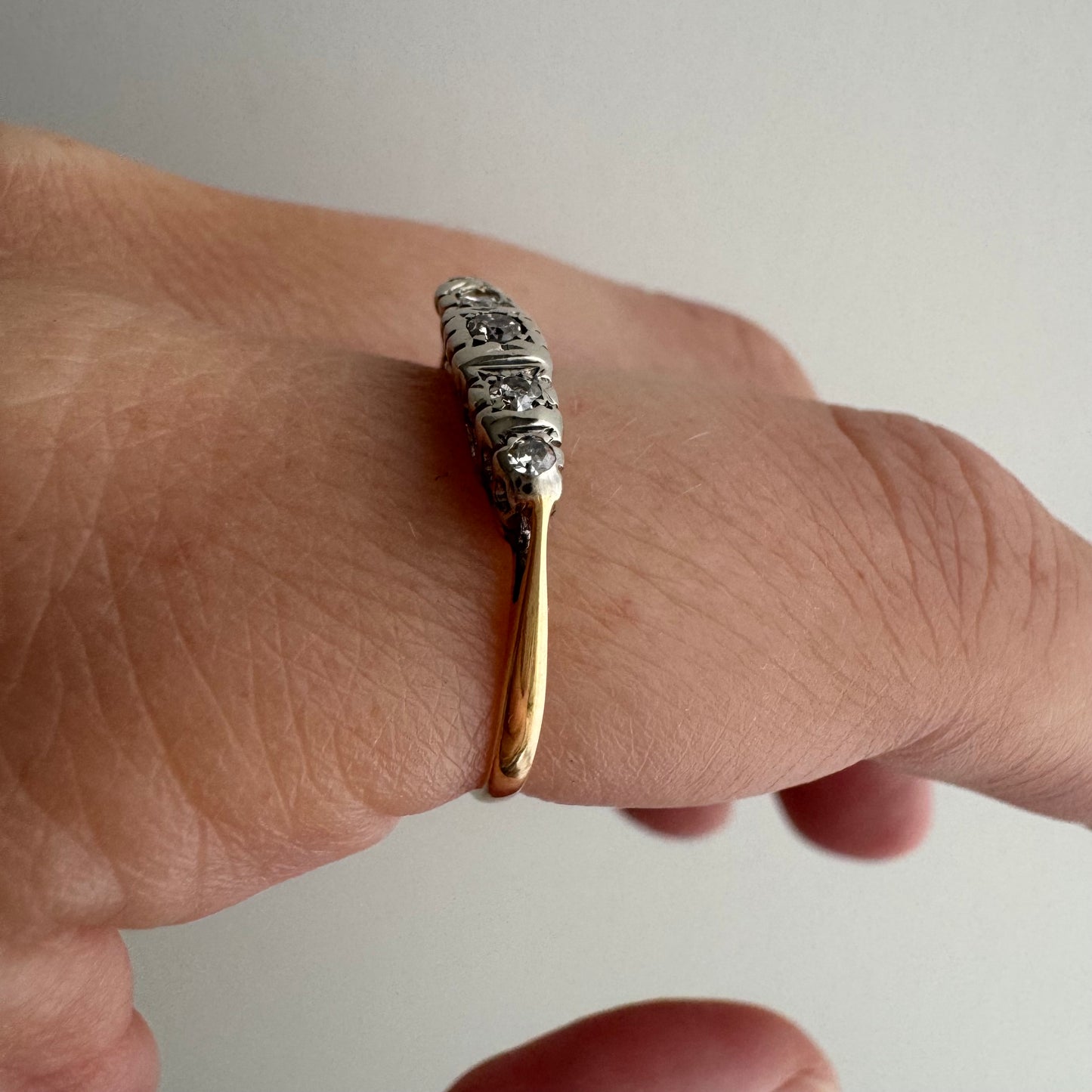 A N T I Q U E // 1920s does 1910s / Edwardian style 18k and diamond five stone boat ring / size 6.25