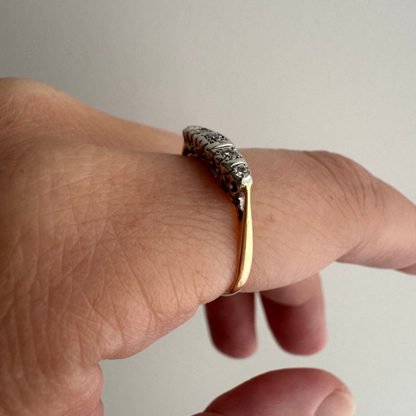 A N T I Q U E // 1920s does 1910s / Edwardian style 18k and diamond five stone boat ring / size 6.25