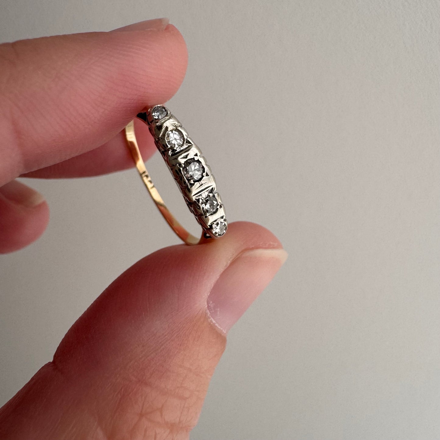 A N T I Q U E // 1920s does 1910s / Edwardian style 18k and diamond five stone boat ring / size 6.25