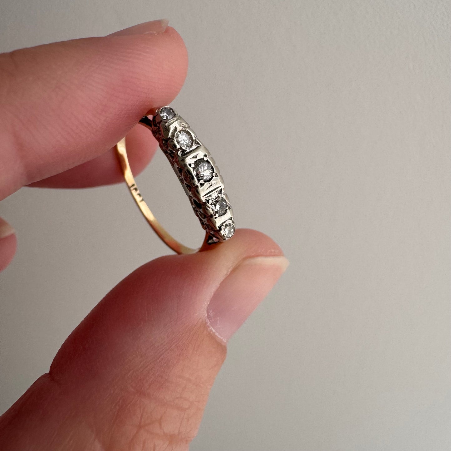 A N T I Q U E // 1920s does 1910s / Edwardian style 18k and diamond five stone boat ring / size 6.25