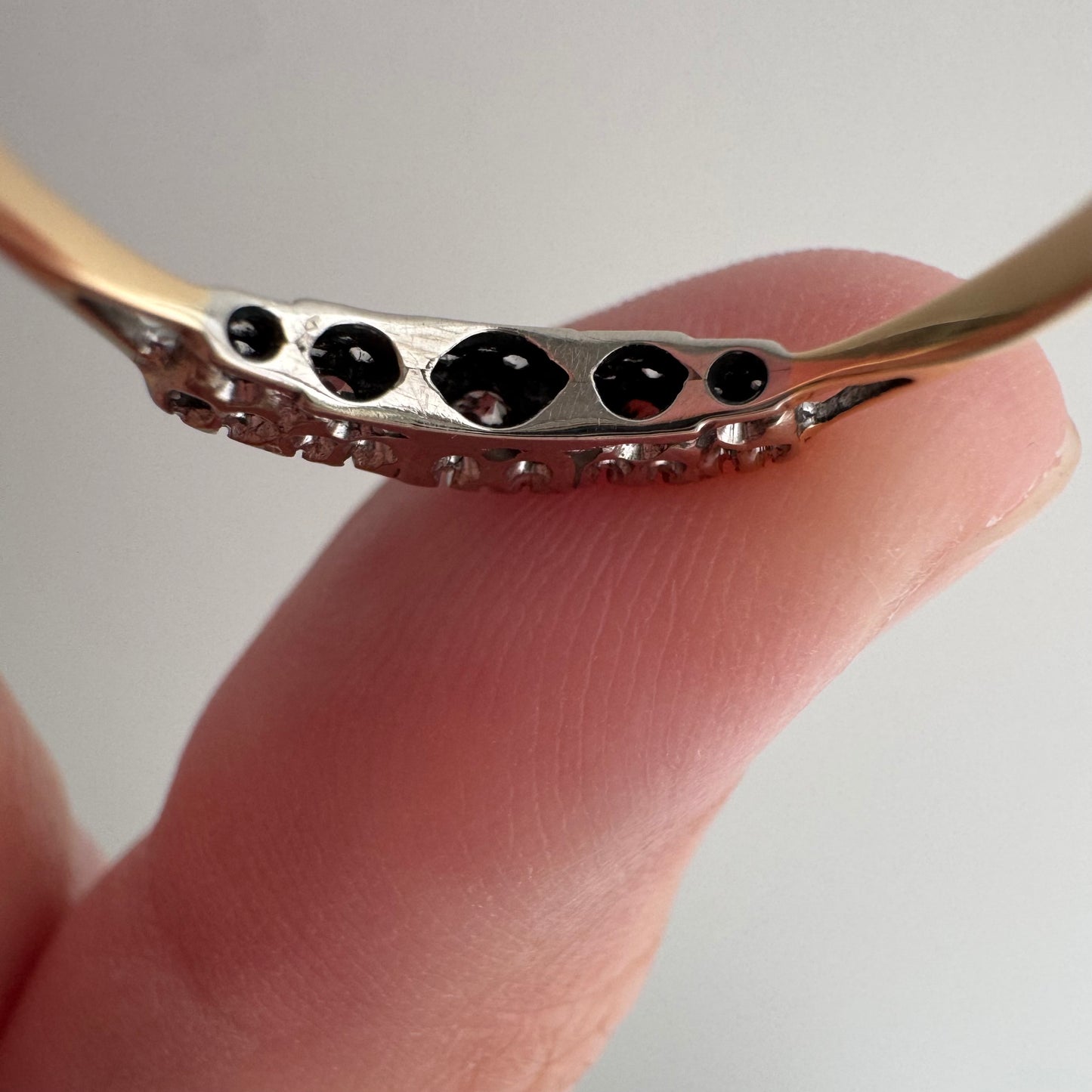 A N T I Q U E // 1920s does 1910s / Edwardian style 18k and diamond five stone boat ring / size 6.25