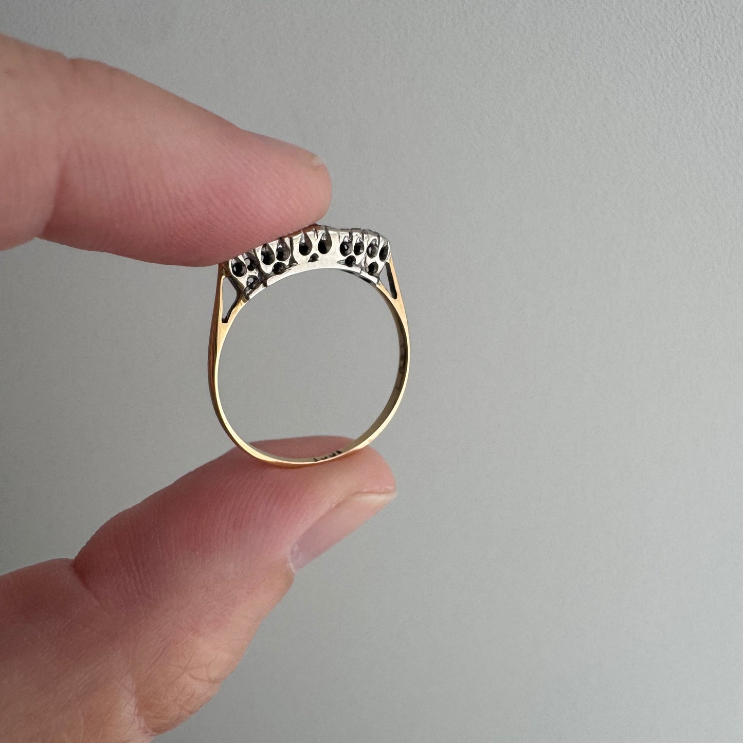 A N T I Q U E // 1920s does 1910s / Edwardian style 18k and diamond five stone boat ring / size 6.25