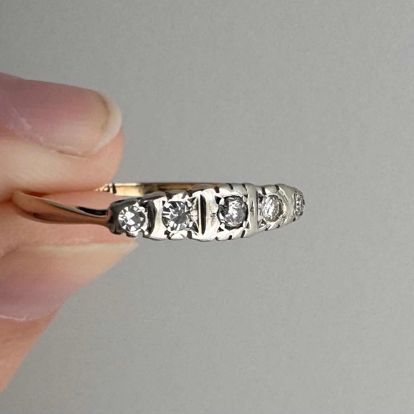 A N T I Q U E // 1920s does 1910s / Edwardian style 18k and diamond five stone boat ring / size 6.25