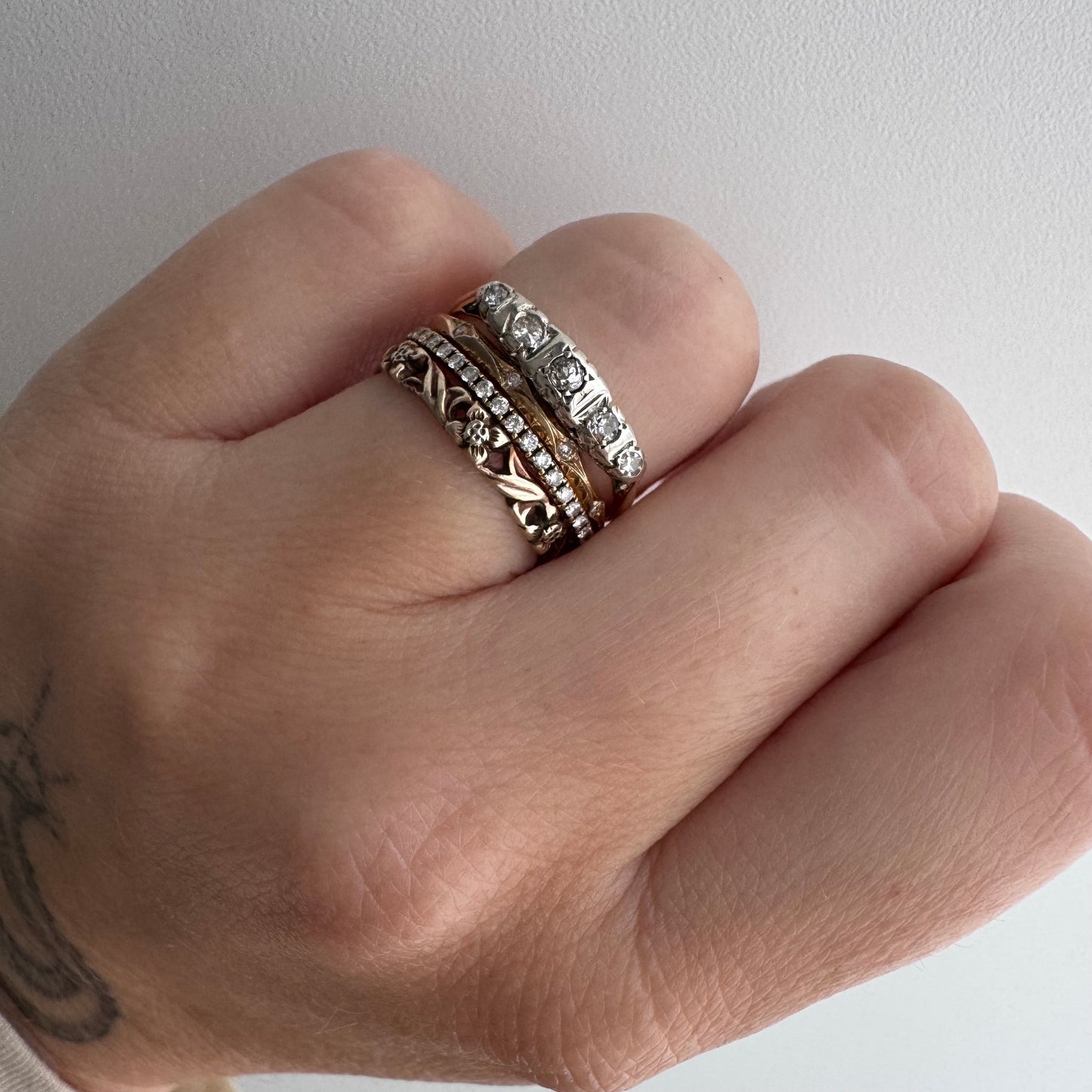 A N T I Q U E // 1920s does 1910s / Edwardian style 18k and diamond five stone boat ring / size 6.25