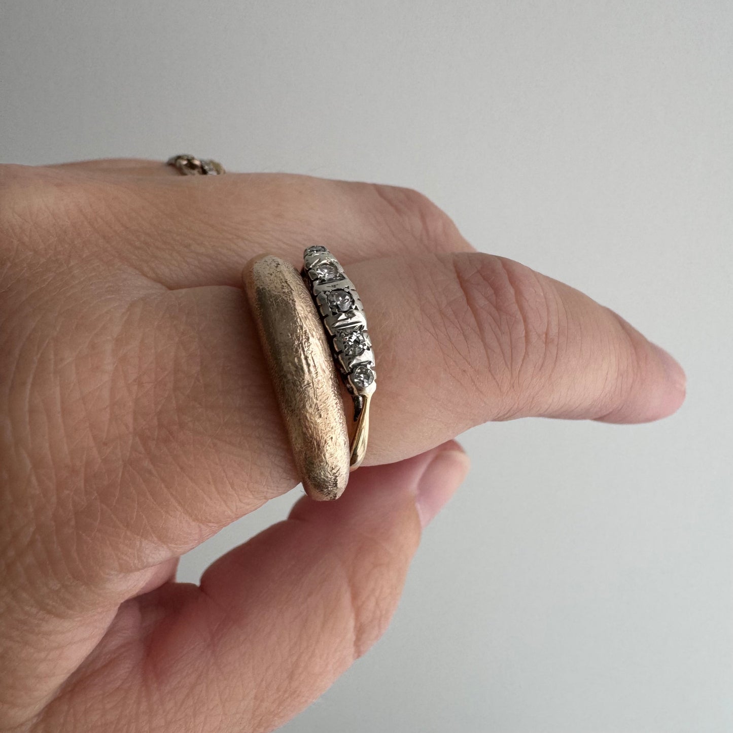 A N T I Q U E // 1920s does 1910s / Edwardian style 18k and diamond five stone boat ring / size 6.25