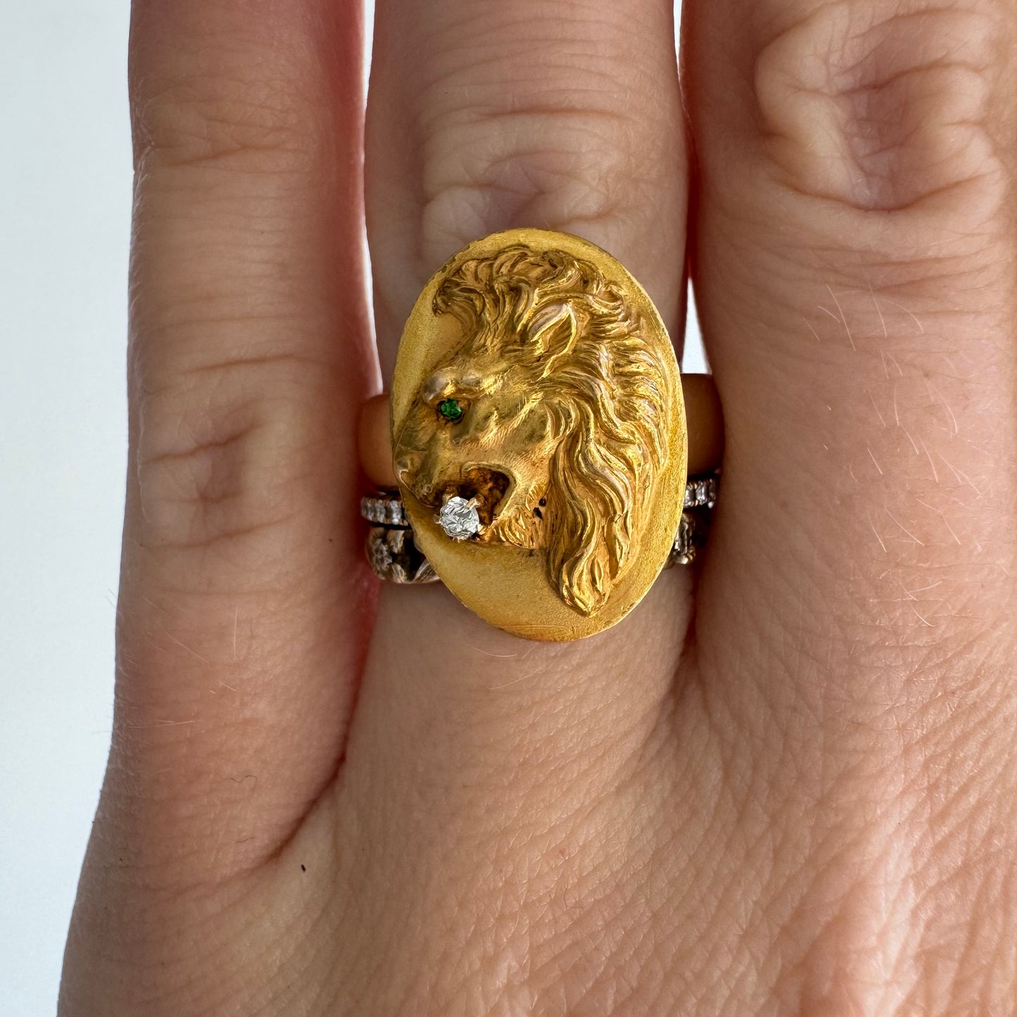 reimagined A N T I Q U E // main mane / 14k and diamond lion cufflink conversion ring / size 6.5ish